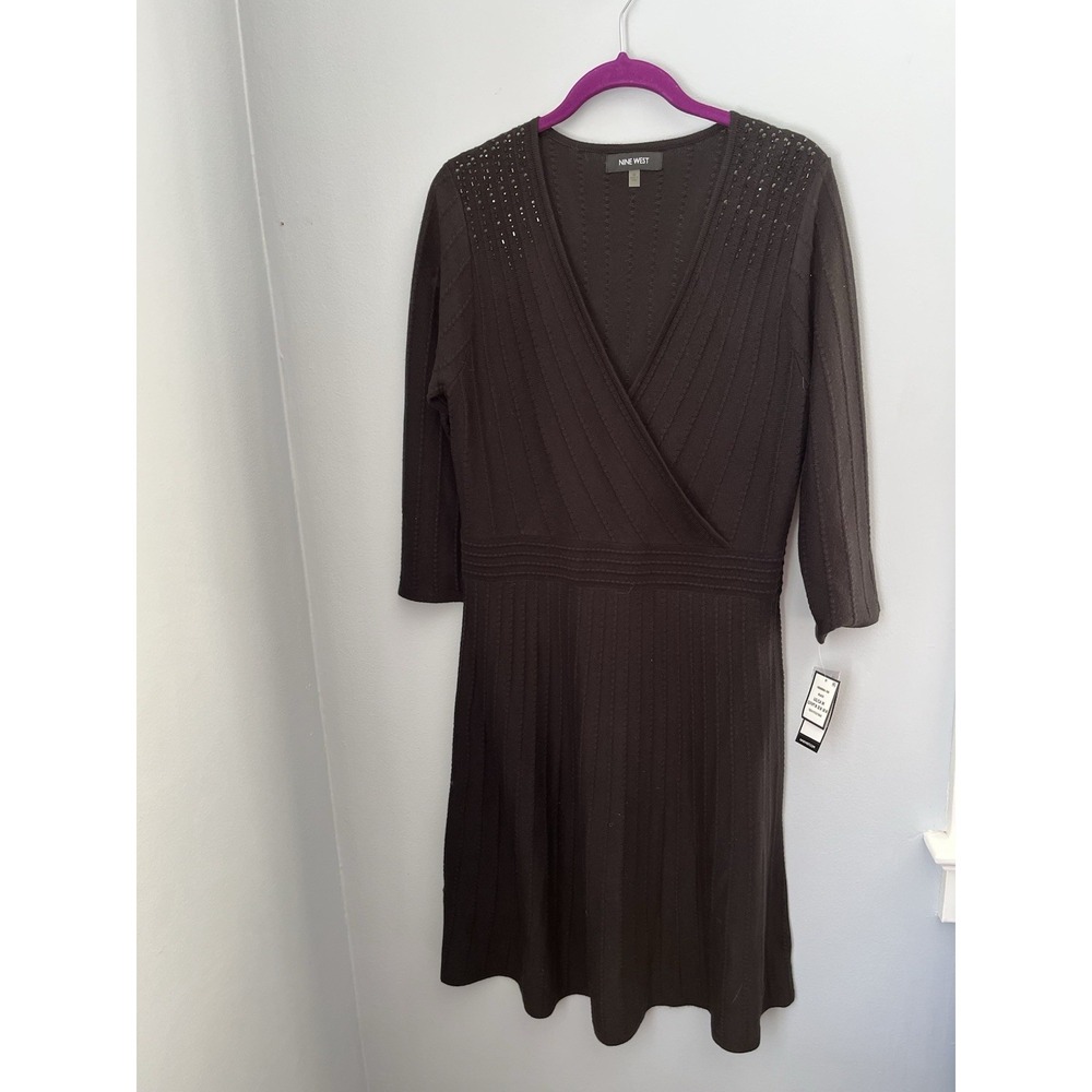 Nine West Women's Size M Black Dress Embellished Faux Wrap 3/4 Sleeve Flare Knit
